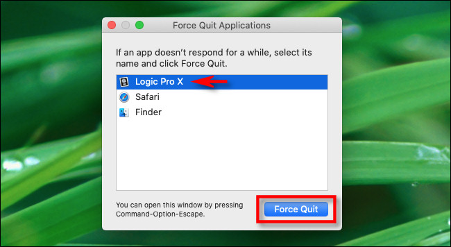 A caixa de diálogo "Forçar encerramento de aplicativos" em um Mac.