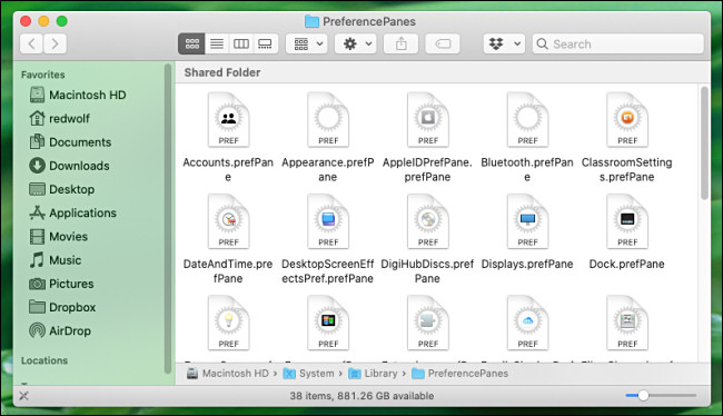 Arquivos do painel de preferências do Mac conforme vistos no Finder.