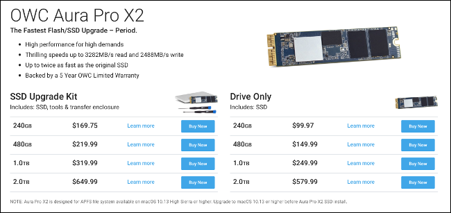 Preços de atualização do MacBook Pro SSD em OWC / MacSales.com.