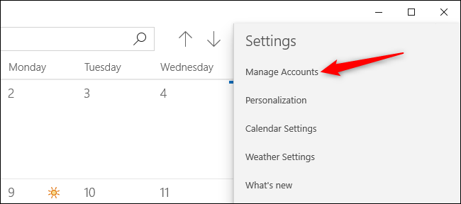 Gerenciando contas no aplicativo Calendário do Windows 10.