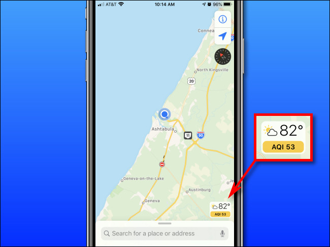 Verificando o Índice de Qualidade do Ar (AQI) em um iPhone com Apple Maps.