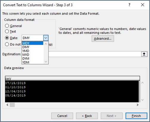 Selecionando o formato MDY para datas