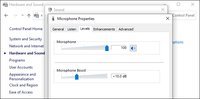 Nível de volume do microfone e opções de aumento que afetam o ruído de fundo