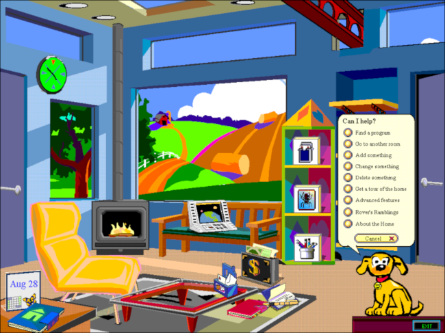 Rover, o cachorro, disse "Posso ajudar?"  menu em uma área de trabalho do Microsoft Bob.