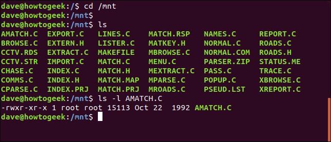 conteúdo de um disquete em uma janela de terminal