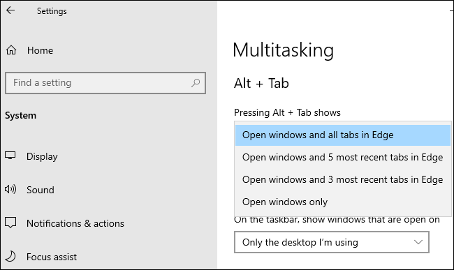 Opções do Edge Alt + Tab em Configurações> Sistema> Multitarefa.