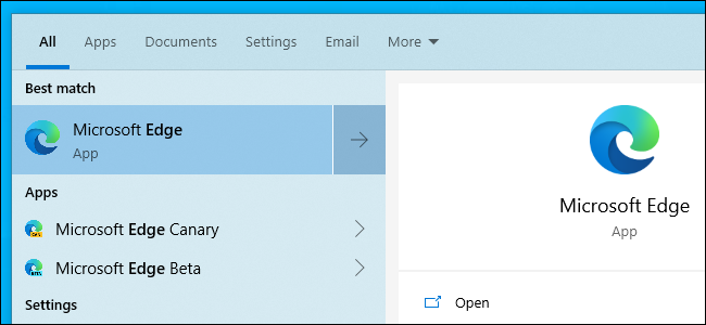 Abrindo o novo Microsoft Edge baseado em Chromium no menu Iniciar.