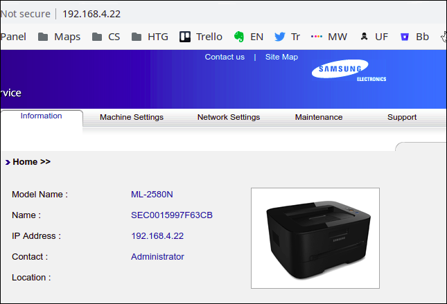 Servidor da web integrado da impressora Samsung em uma janela do navegador