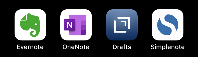 Os ícones Evernote, OneNote, Drafts e Simplenote.