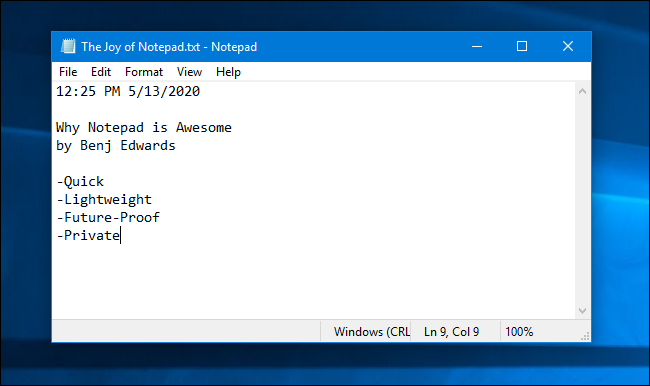 Exemplo de bloco de notas do Windows 10