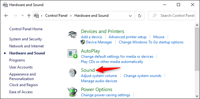Abrindo opções de som no painel de controle do Windows 10