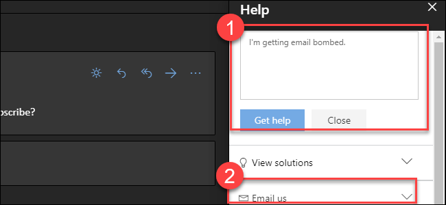 Ajuda do Outlook.com com textos explicativos para obter texto de ajuda e opção de e-mail.
