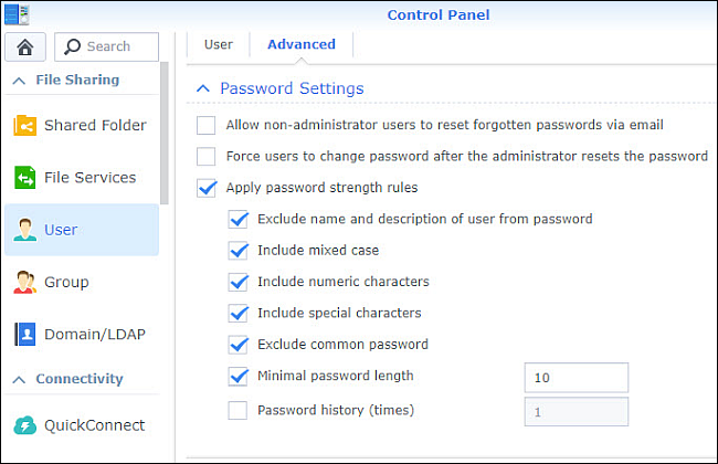 Configurações de senha do painel de controle com a maioria das opções marcadas.