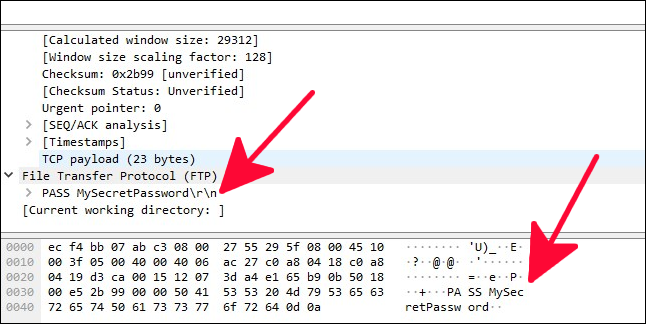 Rastreamento de pacote de rede com senha de texto simples