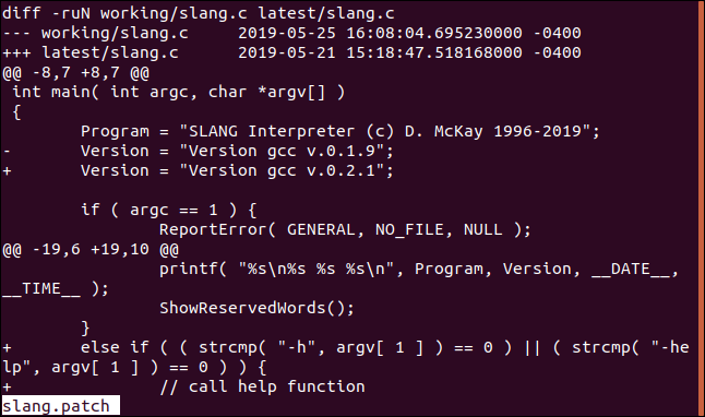 menos slang.patch mostrando o topo do ile em uma janela de terminal