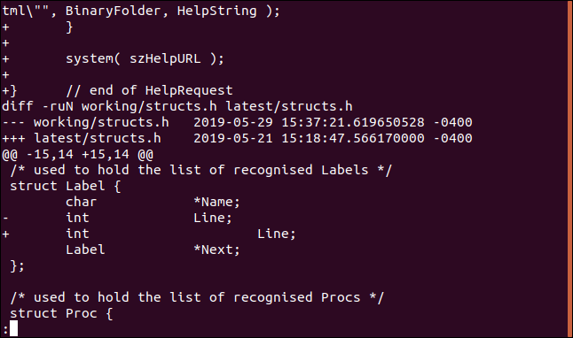 menos slang.patch mostrando o meio do arquivo em uma janela de terminal