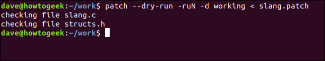 patch --dry-run -ruN -d working <slang.patch em uma janela de terminal