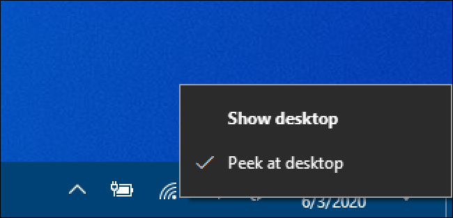 Windows 10 Mostrar menu do botão direito da área de trabalho - Check Beside Peek at Desktop