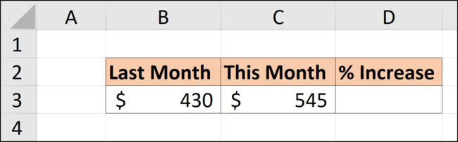 Dados em uma planilha do Excel para calcular um percentual de aumento.