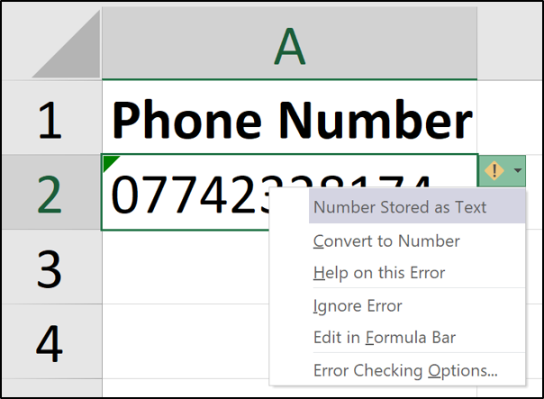 Número de telefone armazenado como texto no Excel