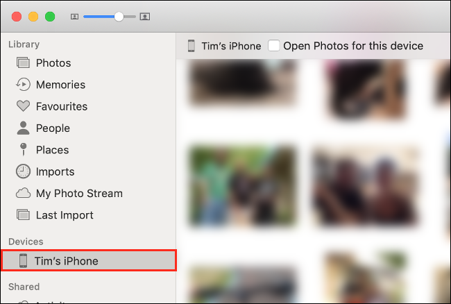 Selecione seu telefone em "Dispositivos" no aplicativo Fotos do macOS.