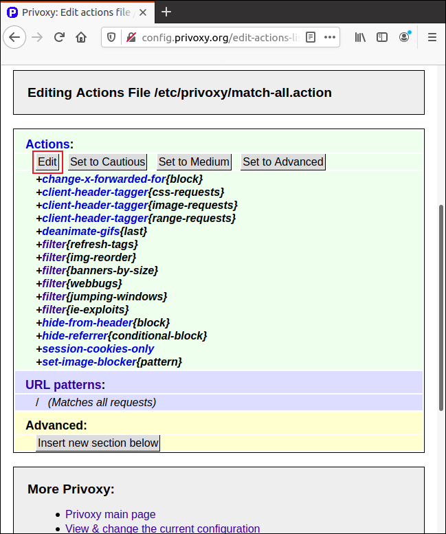Clique em "Editar" na página "Match-All.Action" no Firefox para ajustar os parâmetros. 