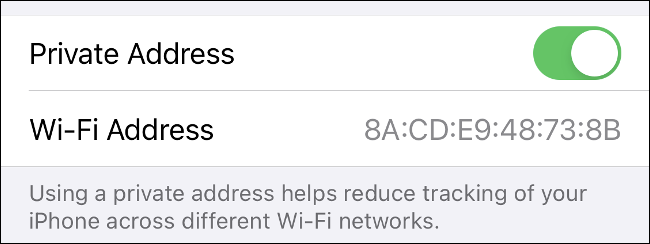 O alternador "Endereço privado" no iOS 14.