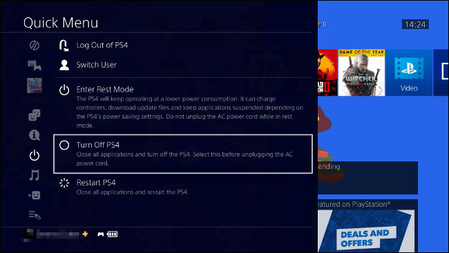Selecione “Desligar PS4” no “Menu Rápido”.