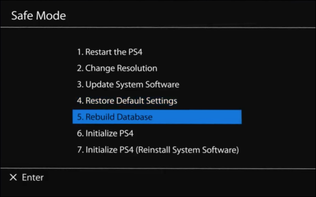 Selecione "5. Reconstruir banco de dados" no menu "Modo de segurança" do PS4.