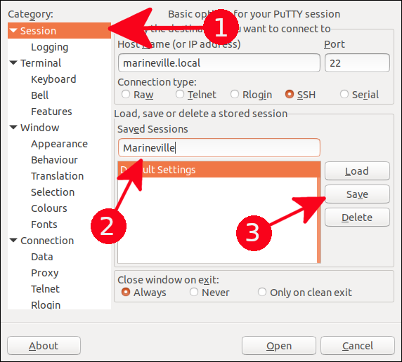 Salvando configurações do PuTTY