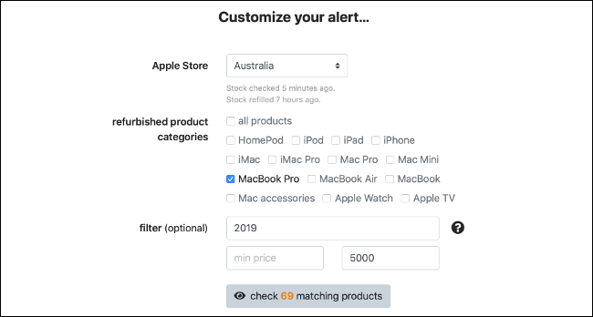 O menu "Customize Your Alert" em RefurbTracker.com.