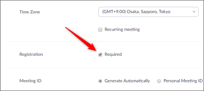 caixa de seleção de registro para exigir registro para esta reunião de zoom