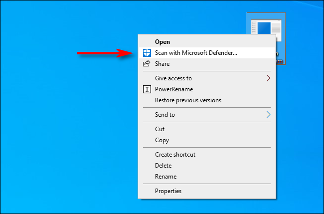 Selecione Digitalizar com Microsoft Defender no menu do botão direito do Windows 10