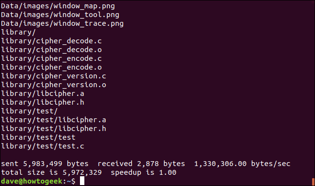 saída detalhada do rsync em uma janela de terminal