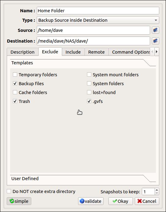 Uma das caixas de diálogo de configuração do luckyBackup