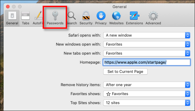 Clique no ícone Senhas nas Preferências do Safari no Mac