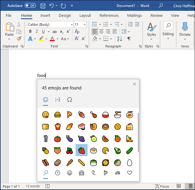 Procurando um emoji de comida no Microsoft Word.