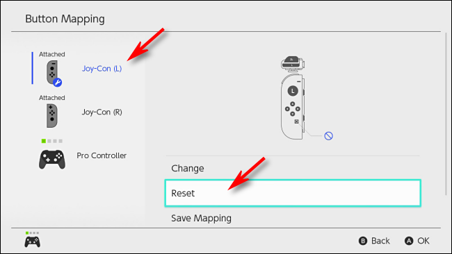 Selecione Redefinir para redefinir o mapeamento de botões no Nintendo Switch