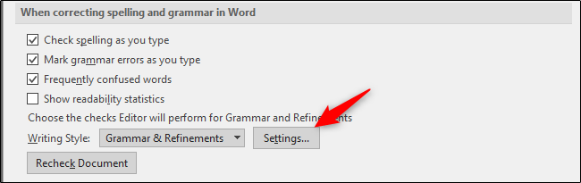 configurações para verificador ortográfico e gramatical