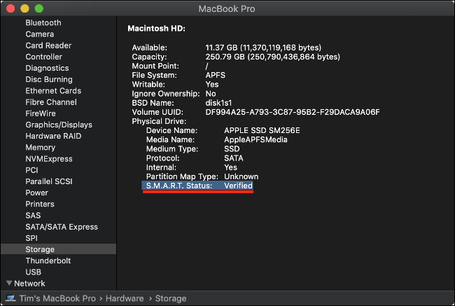 Uma verificação de integridade do SSD da visão geral do sistema macOS.