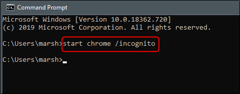 iniciar o Chrome no modo anônimo no prompt de comando