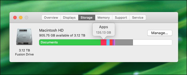 Passe o mouse sobre o gráfico de armazenamento em disco para ver o espaço por tipo de arquivo no macOS Catalina