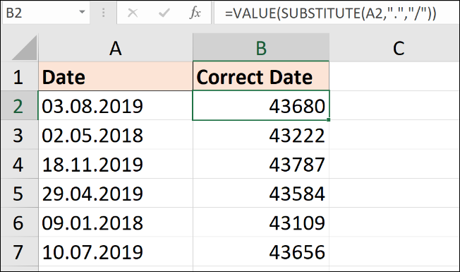 Fórmula SUBSTITUIR para converter texto em datas