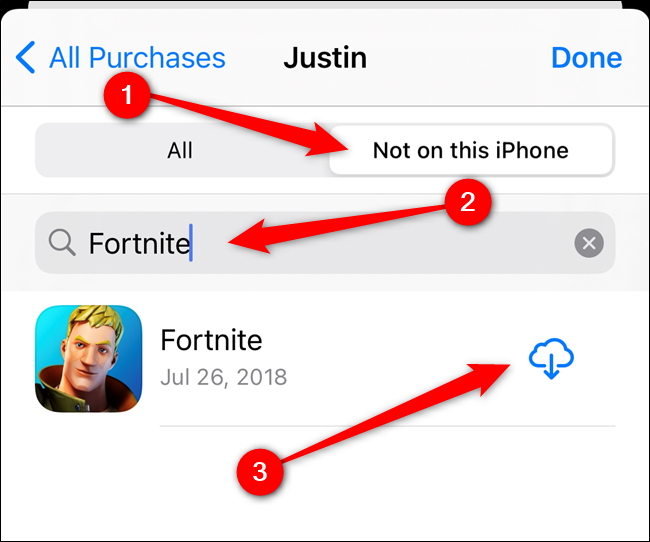 Alterne para a guia "Não neste iPhone", pesquise "Fortnite" e selecione o botão Download
