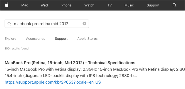 Especificações técnicas para um MacBook Pro em Apple.com.