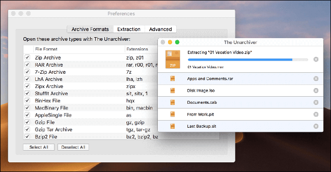 The Unarchiver extraindo um arquivo ZIP em um Mac.
