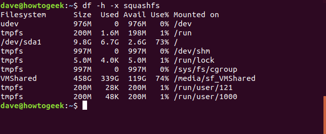 df command in a terminal window