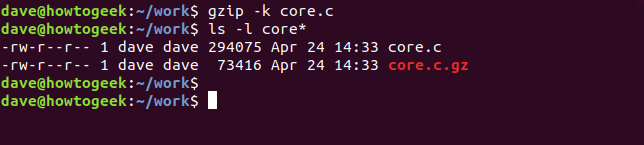 gzip command in a terminal window