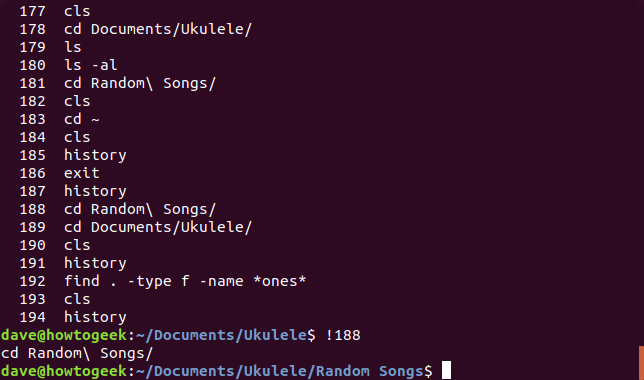 history command in a terminal window