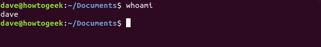 whoami command in a terminal window